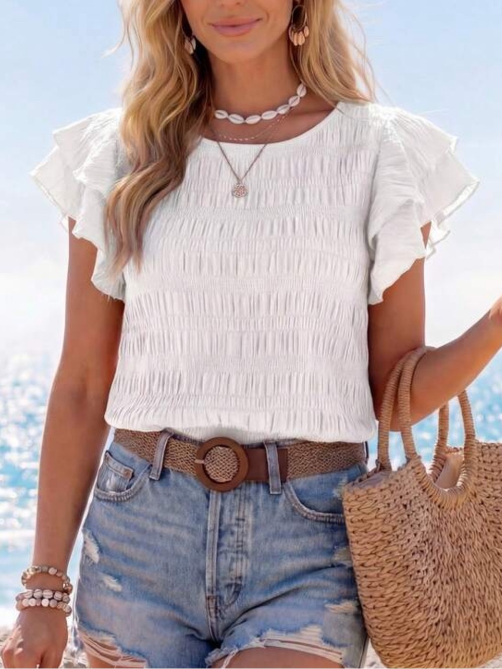 White Ruffle Sleeve Women's Top - Classic Summer Tee